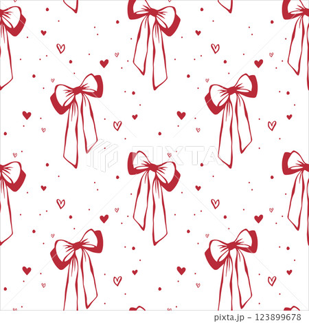 Red bows and hearts. Coquette core. Seamless pattern EPS vector hand drawn for cute core, girly, romantic, wedding design, textile, wrapping, fabric, wallpaper and scrapbooking paper. Outline sketch. Red bows and hearts. Coquette core. Seamless pattern EPS vector hand drawn for cute core, girly, romantic, wedding design, textile, wrapping, fabric, wallpaper and scrapbooking paper. Outline sketch. 123899678