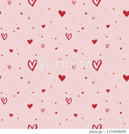 Red hearts on pink background. Coquette core. Seamless pattern EPS vector hand drawn for romantic, valentine, wedding design, cute core, girly, textile, wrapping, fabric, scrapbooking. Outline sketch. 123899699