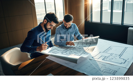 Architects study blueprints while planning a building. The concept emphasizes the importance of careful design and precision in architecture. Generative AI. 123899835