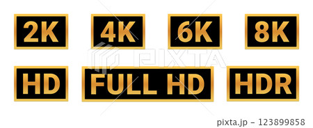 Golden Media Resolution Badges Set: 2K, 4K, 6K, 8K, HD, Full HD, HDR 123899858