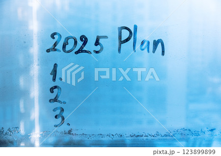 lettering word Plan 2025 and numbers 1, 2, 3 on foggy glass window on blue background 123899899