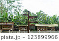 Directional wooden sign at tropical farm destination for visitors 123899966