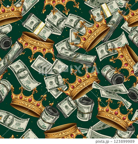Vintage seamless pattern with golden crown, 100 dollar notes. Falling, folded, twisted, flying dollar banknotes. Chaotic scattered objects on green background. 123899989