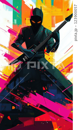 Ninja warrior wearing mask plays electric guitar in dynamic, colorful scene 123900057