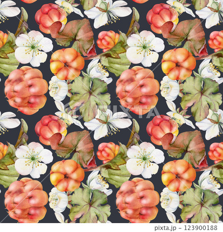 Cloudberry raspberry with white flowers, autumn leaves hand drawn in watercolor, red ripe forest berry on stems. Seamless pattern tile illustration. Restaurant, cafe menu, wedding, farmers market 123900188