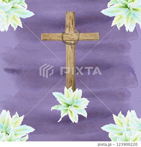 Wooden cross with crown of thorns and white lily watercolor seamless pattern on purple background. Illustration perfect for Easter, Holy Thursday, christening baptism, wrapping paper, decor and design 123900220