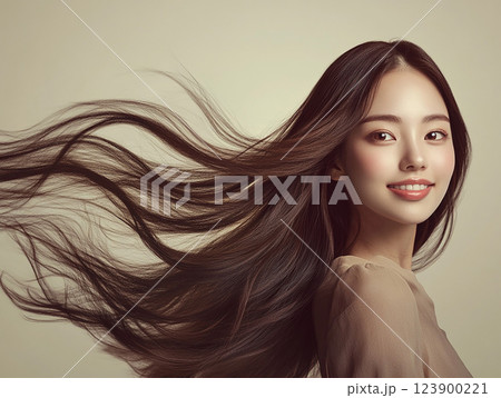 美しい女性の笑顔と風になびく長い髪のポートレート写真 123900221