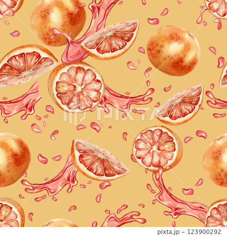Red grapefruit segments and splash juice watercolor seamless pattern isolated on yellow. Pieces of ripe citrus hand drawn on repeated texture. Fresh juicy tropical fruits background for textile. Red grapefruit segments and splash juice watercolor seamless pattern isolated on yellow. Pieces of ripe citrus hand drawn on repeated texture. Fresh juicy tropical fruits background for textile. 123900292