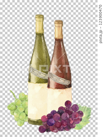 紅白葡萄酒瓶和葡萄的水彩插圖[手繪]白色背景透明背景可用影印空間 123900470