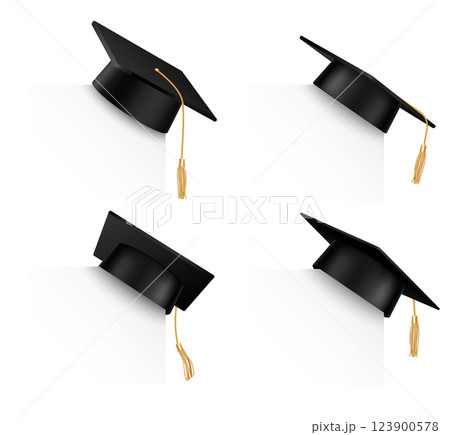 Graduation University cap set on white corner 123900578