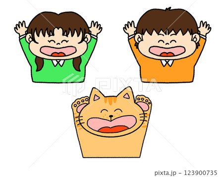 喜んでいる子どもとねこのイラスト セット 喜んでいる子どもとねこのイラスト セット 123900735