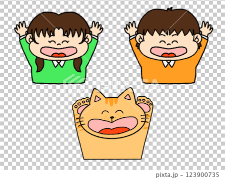 喜んでいる子どもとねこのイラスト セット 喜んでいる子どもとねこのイラスト セット 123900735