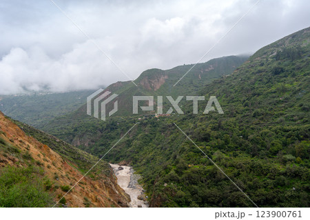 Colca Canyon and river in the mist and clouds, Peru 123900761