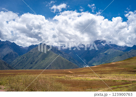 Majestic mountains and valley landscapes in the Sacred Valley, Peru Majestic mountains and valley landscapes in the Sacred Valley, Peru 123900763