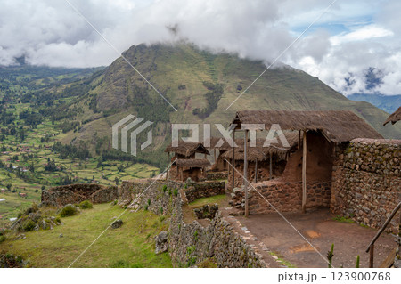 Ancient Inca ruins of Pisac nestled in the Andean mountains, Peru Ancient Inca ruins of Pisac nestled in the Andean mountains, Peru 123900768