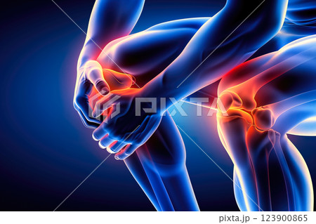 A knee bone is depicted with a bright red area indicating pain. Physical pain and injury in the knee. Generative AI. 123900865