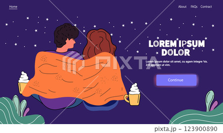 Couple wrapped in blanket stargazing at night with hot drinks starry sky purple background plants digital design website template Couple wrapped in blanket stargazing at night with hot drinks starry sky purple background plants digital design website template 123900890