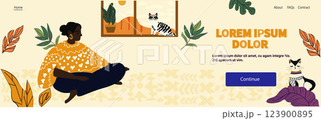 Woman sitting indoors with cat window scene cozy atmosphere colorful leaves decorative elements warm tones website design template 123900895