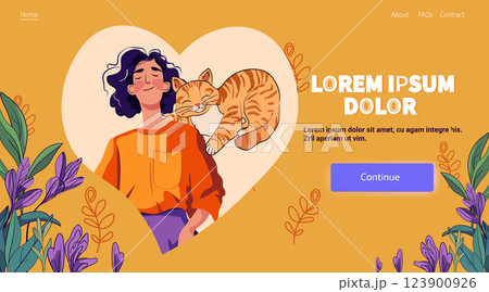 Woman with cat heart-shaped background harmony. A relaxed woman with closed eyes and a sleeping cat in a heart shape surrounded by plants on a warm background. Website design template Woman with cat heart-shaped background harmony. A relaxed woman with closed eyes and a sleeping cat in a heart shape surrounded by plants on a warm background. Website design template 123900926