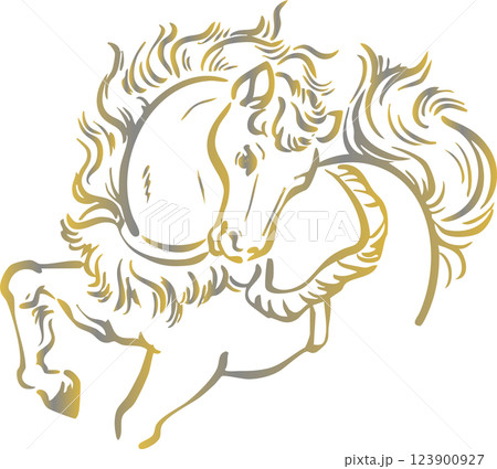 年賀　年賀状　2026　令和八年　午年　馬年　馬　うま年　墨絵　水墨画　版画　日本画　イラスト素材 123900927