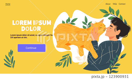 Man holding cat affectionately nature-themed background yellow design website template 123900931