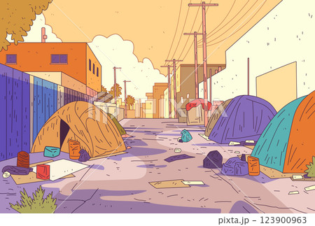 Urban homelessness scene tents street alleyway colorful buildings power lines scattered debris warm tones 123900963