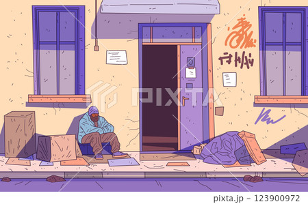 Homelessness urban street scene man sitting cardboard boxes graffiti wall pastel colors digital art 123900972