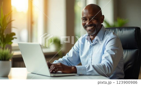 smiling african american businessman working on laptop in a bright office setting, concept of modern professionalism and productivity 123900986
