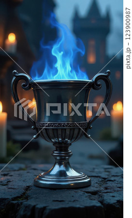 An aged, tarnished dark silver trophy, with blue flame, the silhouette of an old stone castle and the flickering glow of candles in the background, create a mysterious, medieval atmosphere 123900987