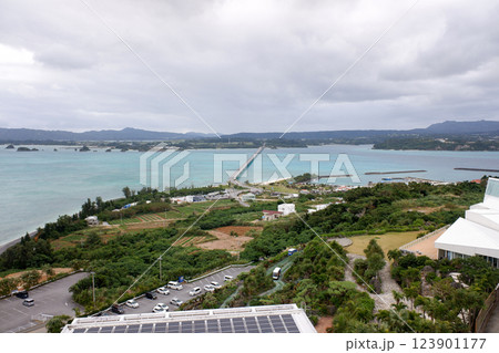 沖縄県　古宇利島　古宇利オーシャンタワーより古宇利大橋の眺望 123901177