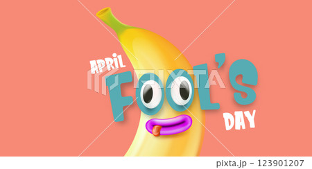 April Fool s Day Fun Cartoon Banana with Googly Eyes and Speech Bubble, Hilarious Illustration for Pranks and Jokes, Perfect for Social Media and Lighthearted Cards 123901207