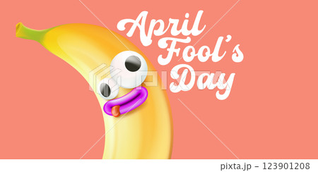 April Fool s Day Fun Cartoon Banana with Googly Eyes and Speech Bubble, Hilarious Illustration for Pranks and Jokes, Perfect for Social Media and Lighthearted Cards 123901208