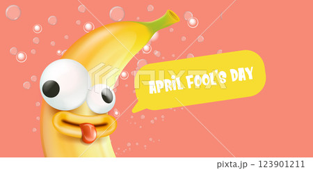 April Fool s Day Banana Goofy Cartoon with Speech Bubble, Funny Holiday Illustration for Social Media and Prank Designs, Ideal for Humor and Lighthearted Content 123901211