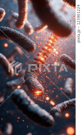 Glowing antibiotic molecule interacting with bacteria in microscopic view 123901224