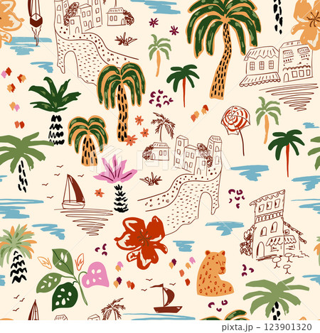 Tropical summer vibes with palm tree, sea island, sail boat, coastal urban sketching. Cute hand-drawn vector seamless pattern Tropical summer vibes with palm tree, sea island, sail boat, coastal urban sketching. Cute hand-drawn vector seamless pattern 123901320
