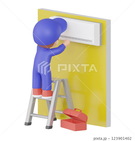 3DCG|エアコンの設置や修理、掃除を行う作業員の男性 3DCG|エアコンの設置や修理、掃除を行う作業員の男性 123901402