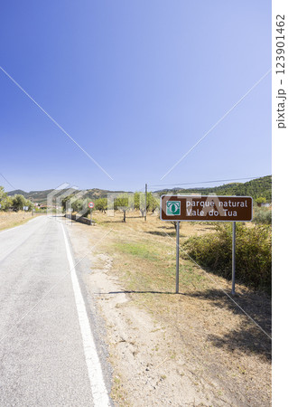 Road with Information board, Tua Nature Park (Parque natural Vale do Tua), Northern Portugal, Portugal Road with Information board, Tua Nature Park (Parque natural Vale do Tua), Northern Portugal, Portugal 123901462