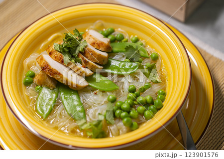 pho soup with chicken meat 123901576