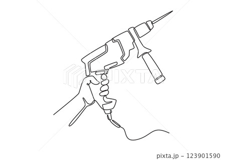 Continuous one line drawing hand of worker builder male holding electric power drill. Handyman tools for home construction and renovation concept. Single line draw design vector graphic illustration Continuous one line drawing hand of worker builder male holding electric power drill. Handyman tools for home construction and renovation concept. Single line draw design vector graphic illustration 123901590