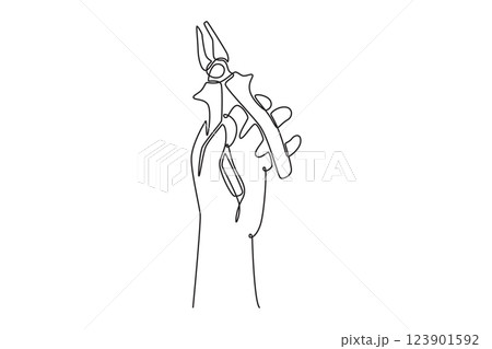 Continuous one line drawing hand of young male carpenter holding pliers in workshop. Handyman tools for cutting or pincers wire at home renovation. Single line draw design vector graphic illustration 123901592