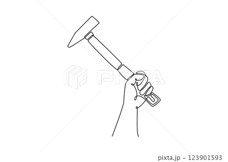 Continuous one line drawing hand of professional male carpenter holding hammer steel in workshop. Handyman tools for home construction renovation. Single line draw design vector graphic illustration 123901593