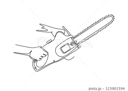 Continuous one line drawing hand of woodworker male holding chainsaw upward. Lumberjack tools for logging wood at forest. Home construction concept. Single line draw design vector graphic illustration 123901594