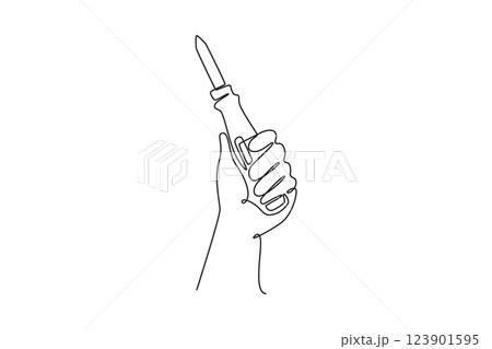 Single continuous line drawing hand of young worker holding screwdriver. Handyman tools for tighten bolts or nuts at repairing installation electronic. One line draw graphic design vector illustration Single continuous line drawing hand of young worker holding screwdriver. Handyman tools for tighten bolts or nuts at repairing installation electronic. One line draw graphic design vector illustration 123901595