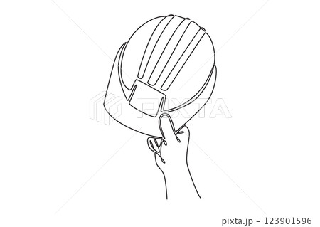 Continuous one line drawing hand of repairman holding construction helmet. Protective hard hat equipment for safety worker at site or job activity. Single line draw design vector graphic illustration 123901596