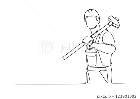 Single continuous line drawing male construction worker in hardhat holding sledgehammer on his shoulder. Foreman with hammer working at site. Dynamic one line draw graphic design vector illustration 123901602