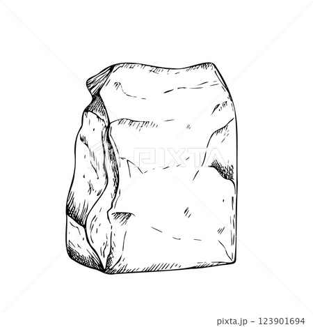 Vector craft paper bag for food or delivery. Graphic ink lunch bag illustration isolated on background. Hand drawn line sketch. For designers, prints, logo, icon, menu, postcards, holiday, covers 123901694