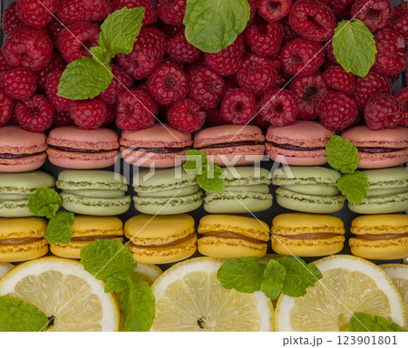 macaroons of different colors with with raspberries, lemon and mint 123901801
