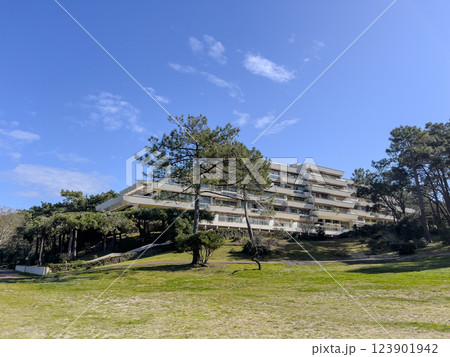 View of a modern residential building set among pine trees near Arcachon Plage Pereire showcasing 123901942