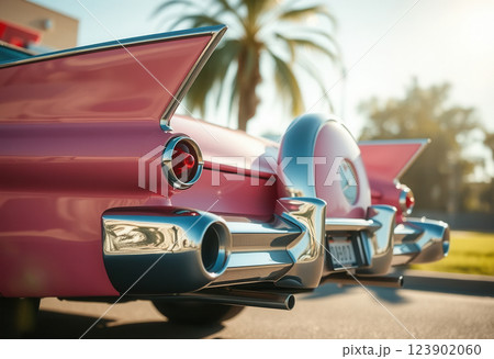 Pink vintage car with chrome tail fins and exhaust, rear view 123902060
