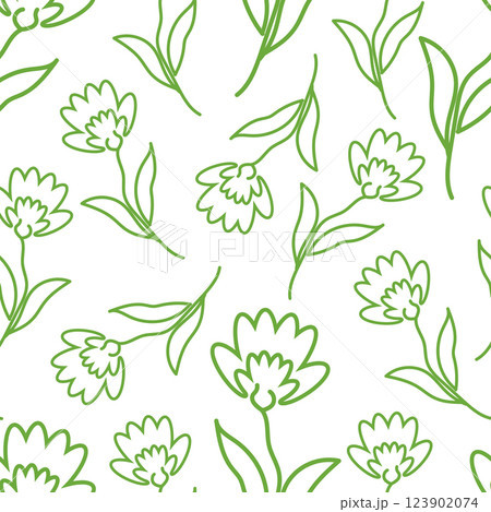 Seamless pattern green outline doodle flowers on white 123902074